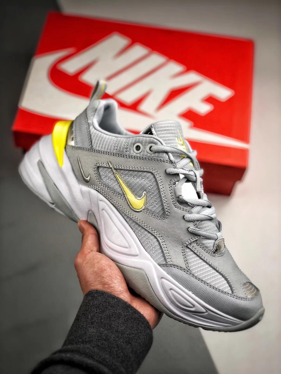 The M2K Tekno Pure Platinum Grey Dynamic Yellow Logo Sneaker CN0153 001  Quality RepSneaker – The Quality Replica Sneakers Supplier in China